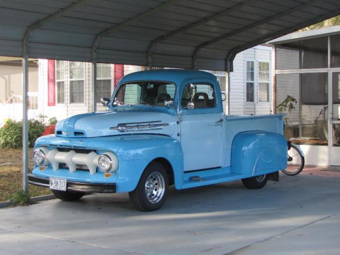 1952 Ford truck on an '87 Ranger frame with a 302 with a C4 tranny: parked across from our site