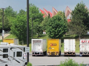 The red 'pointed' building is the convention center