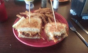 My "Backyard BBQ" with beef and thick cut onion rings and cheddar cheese. Tasty!
